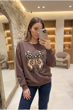 %100 Pamuk Boncuk İşlemeli Fiyonk Desenli Sweatshirt - Kahverengi