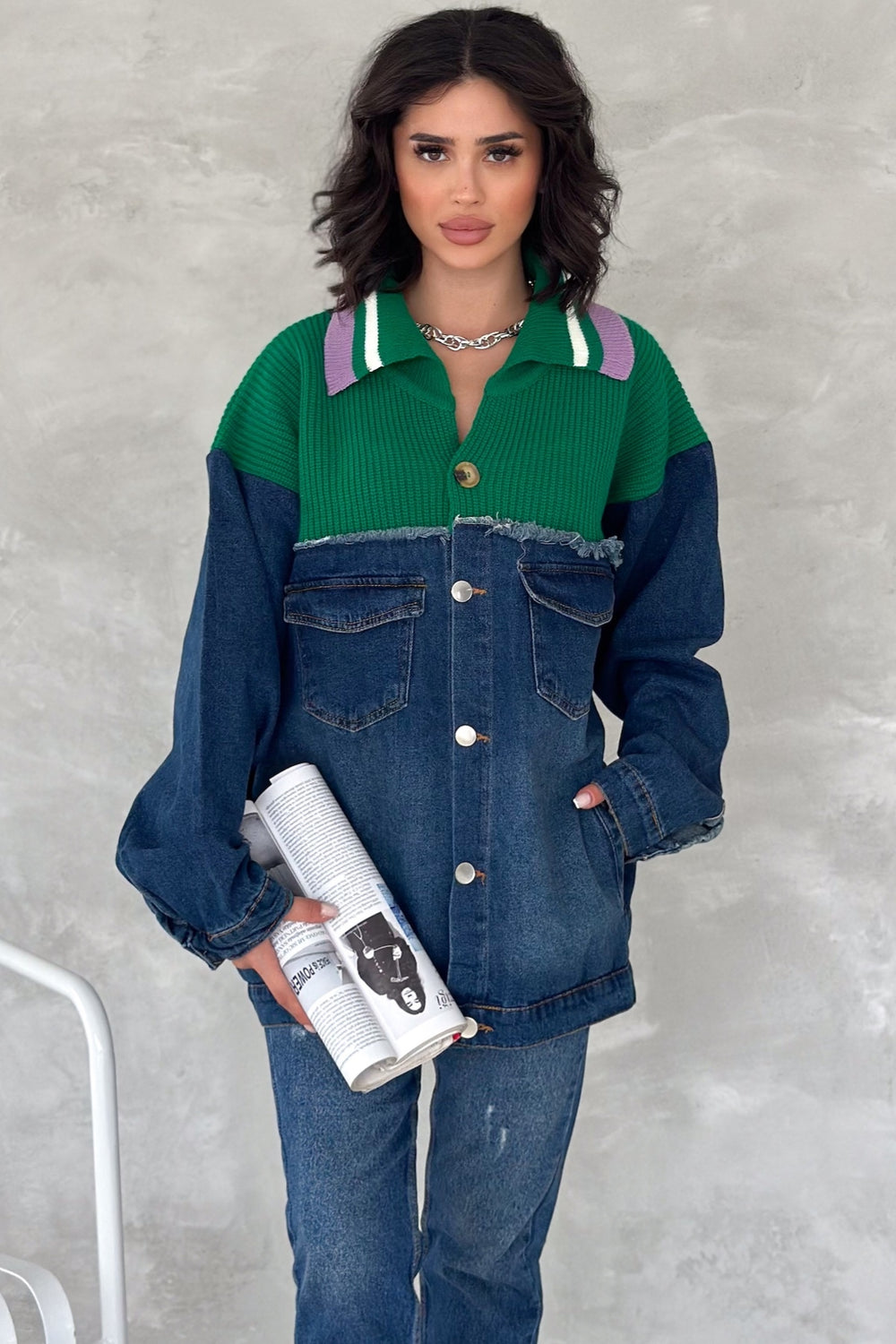 Kadın Standart Beden Düğmeli Püsküllü Triko Detaylı Oversize Kot Ceket - Mavi