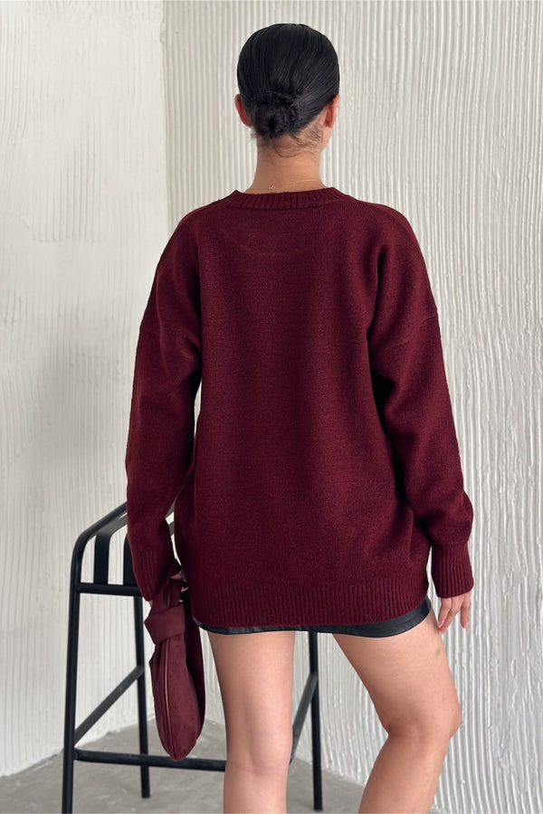 Kadın Standart Beden Oversize Basic Triko Kazak - Bordo