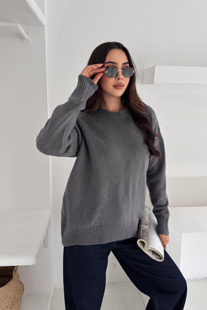 Kadın Standart Beden Oversize Basic Triko Kazak - Füme