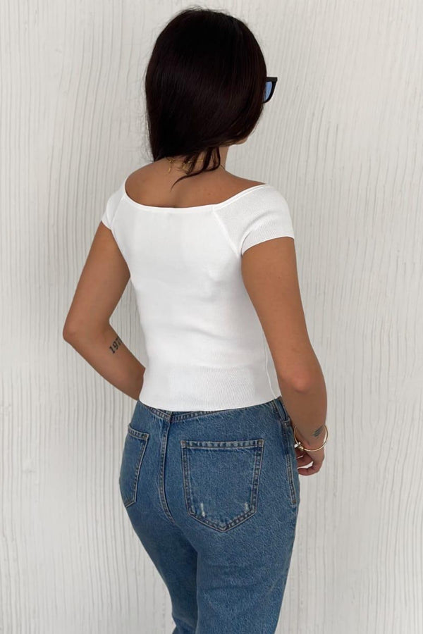 Kadın Standart Beden Triko Crop Bluz - Beyaz