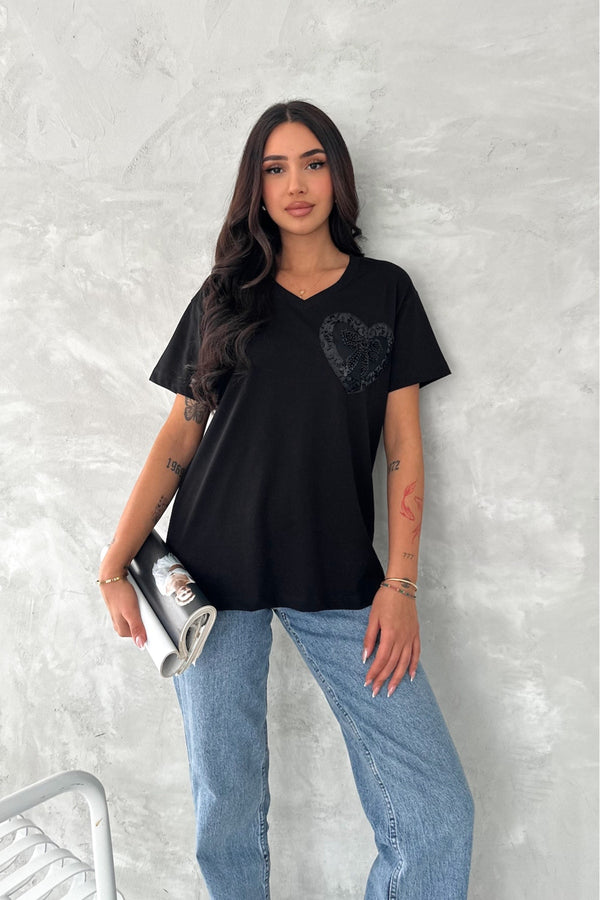 Kadın V Yaka Boncuk Ve Pul İşlemeli Kurdela Desen %100 Pamuk T-shirt - Siyah