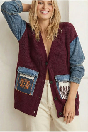 Kadın Kot Cepli Kilim Desen Kolları Kot Oversize Düğmeli %100 Pamuk Triko Hırka - Bordo