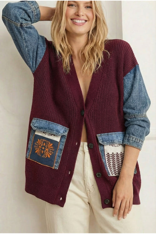 Kadın Kot Cepli Kilim Desen Kolları Kot Oversize Düğmeli %100 Pamuk Triko Hırka - Bordo