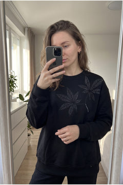 Yaprak Desen Boncuk İşlemeli %100 Pamuk Sweatshirt - Siyah