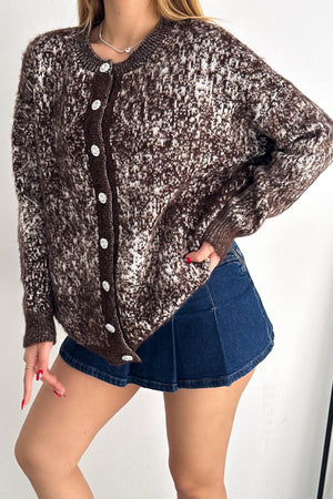 Standart Beden Düğme Detaylı Oversize Triko Hırka - Kahverengi