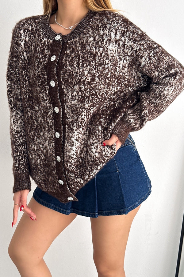 Standart Beden Düğme Detaylı Oversize Triko Hırka - Kahverengi