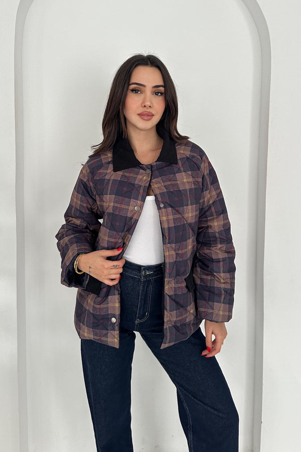 Kadın Kadife Yaka Detaylı Ekose Çıtçıt Düğme Kapitone Astarlı Oversize Mont - Lacivert