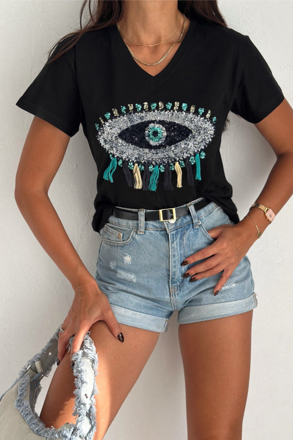 Kadın V Yaka Göz Desen Pul Payet İşlemeli Püsküllü %100 Pamuk T-Shirt - Siyah