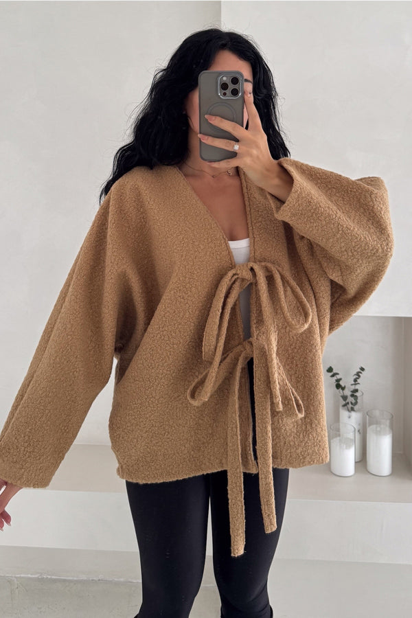 Bürümcük Bağlamalı Oversize Hırka Yarasa Kol Standart Beden - Camel