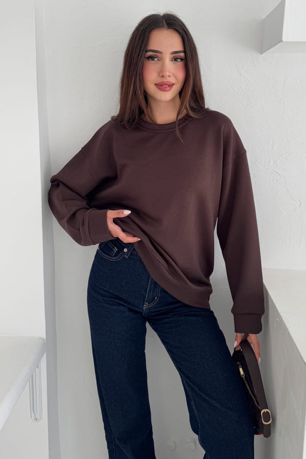 Modal Kumaş Basic Sweatshirt - Kahverengi