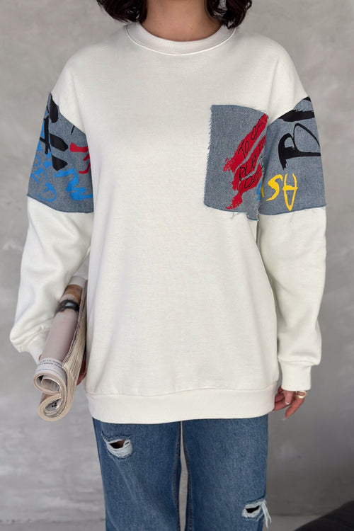 Kadın Kot Detaylı İçi Pamuklu Sweatshirt - Beyaz