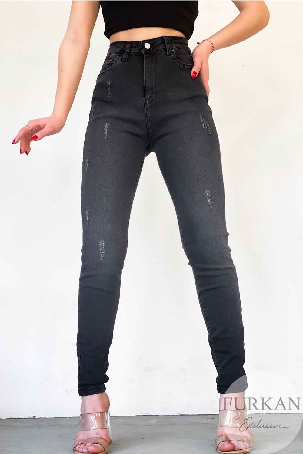 Tırnaklı Yüksek Bel Likralı Jean Pantolon - Füme
