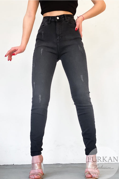 Tırnaklı Yüksek Bel Likralı Jean Pantolon - Füme