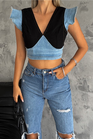 Kadın Sırtı Fermuarlı Crop Kot Bluz - Siyah