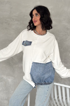Kadın Kot Detaylı Tasarım Sweatshirt - Beyaz