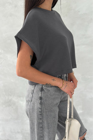 Kadın Yuvarlak Yaka Modal Kumaş Basic T-shirt - Antrasit