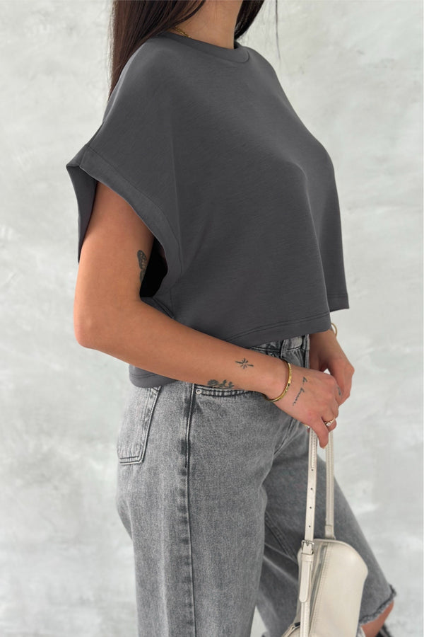 Kadın Yuvarlak Yaka Modal Kumaş Basic T-shirt - Antrasit