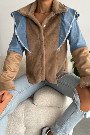Kadın İçi Süet Denim Kot Detaylı Çıtçıt Düğmeli Mont - Bej