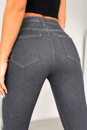 Yüksek Bel Paçası Kesik İçi Şardonlu Slim Fit Mom Jean - Gri
