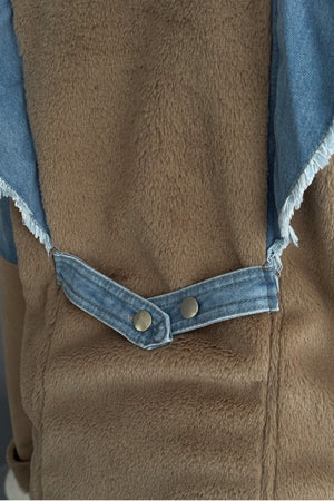 Kadın İçi Süet Denim Kot Detaylı Çıtçıt Düğmeli Mont - Bej