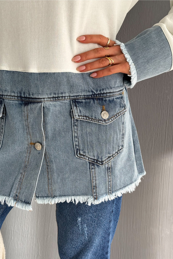 Kadın Kapüşonlu Kot Denim Detaylı Düğmeli Tasarım Sweatshirt - Beyaz