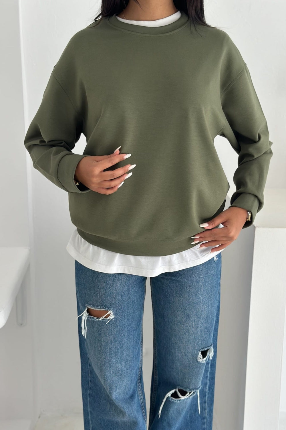 Modal Kumaş Basic Sweatshirt - Haki