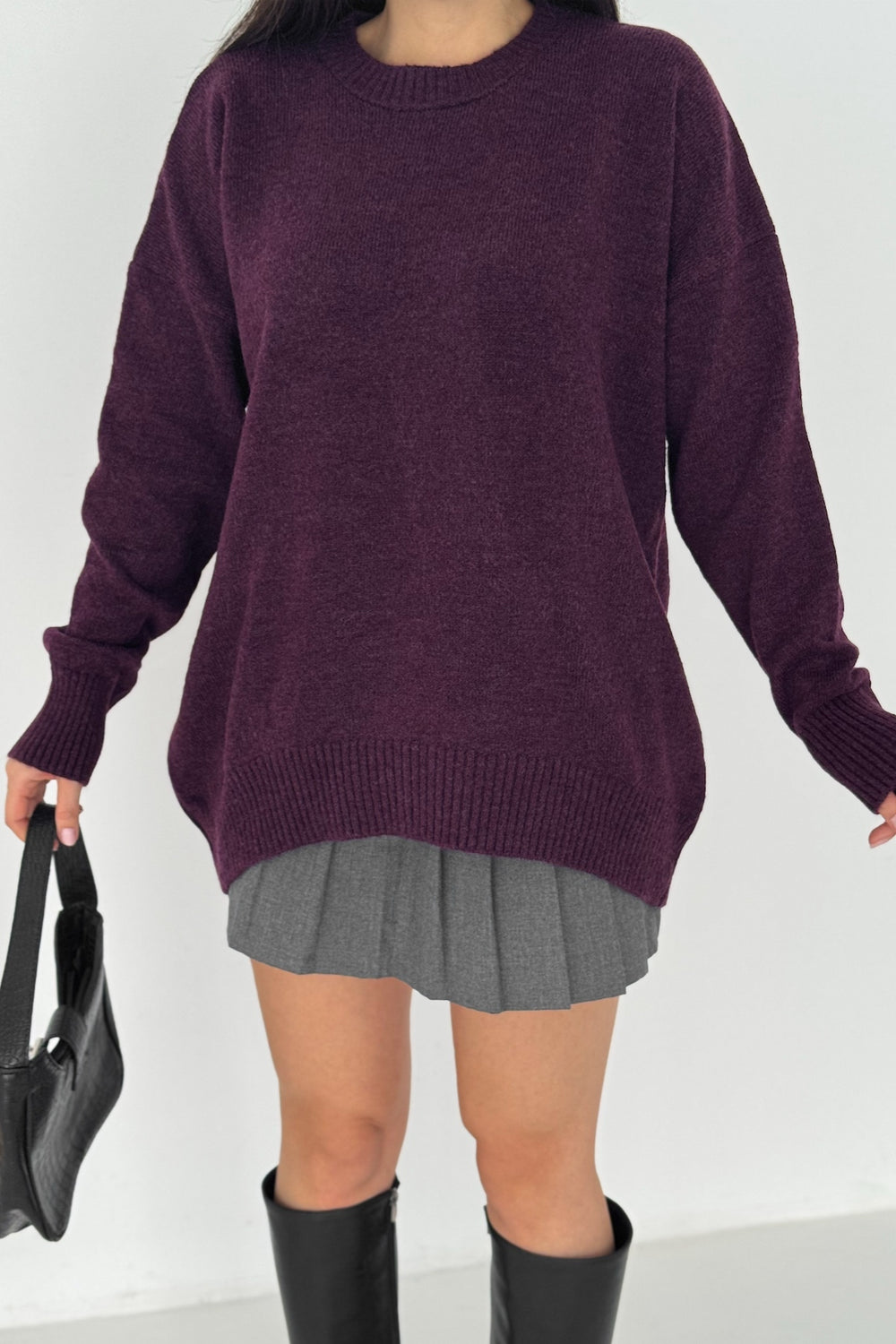 Kadın Standart Beden Oversize Basic Triko Kazak - Mürdüm