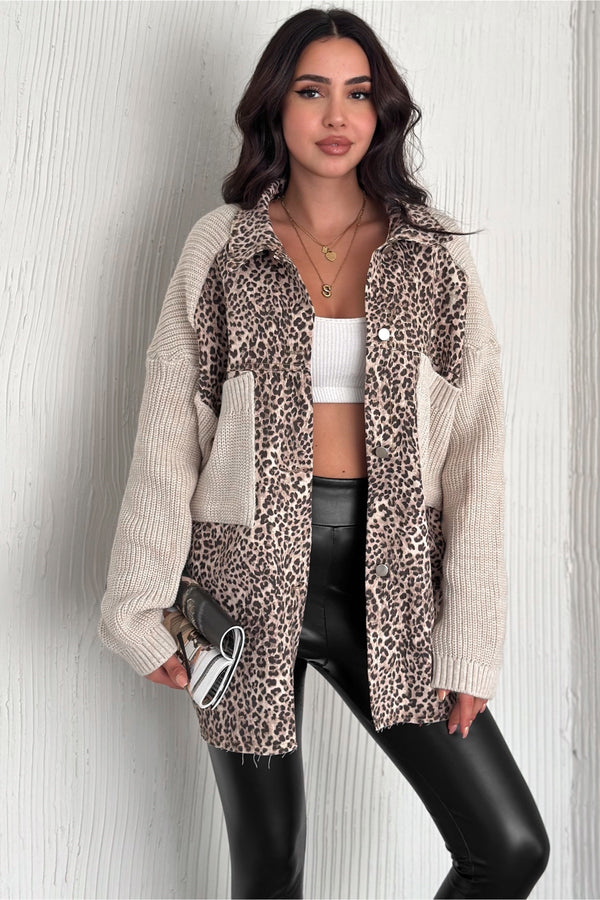 Kadın Standart Beden Kolları Ve Cebi Trikolu Oversize Hırka - Leopar