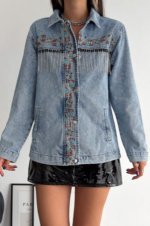 Kadın Çıtçıt Düğmeli Taş Püsküllü Komple Nakış İşlemeli Denim Ceket - Mavi
