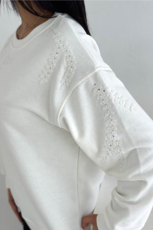 Boncuk Ve Pul İşlemeli %100 Pamuk Sweatshirt - Beyaz