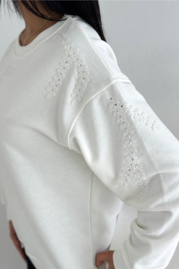 Boncuk Ve Pul İşlemeli %100 Pamuk Sweatshirt - Beyaz