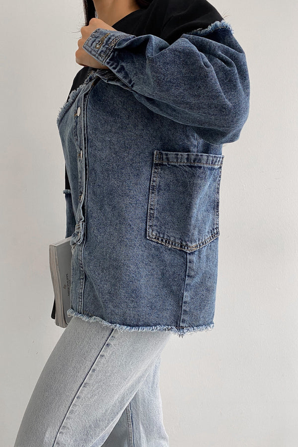 Asimetrik Düğmeli Kot Detaylı Tasarım Sweatshirt - Lacivert