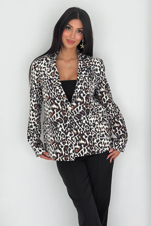 Leopar Desenli Blazer Ceket Vatkalı İçi Astarlı - Gri