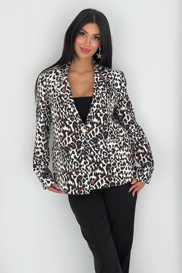 Leopar Desenli Blazer Ceket Vatkalı İçi Astarlı - Gri