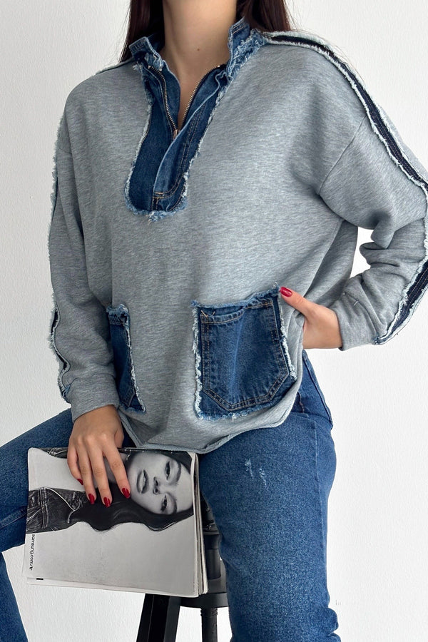 Kadın Fermuarlı Cepli Kot Denim Detaylı Sweatshirt - Gri