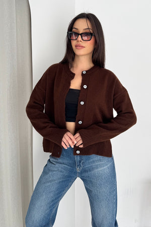 Yanı Yırtmaçlı Düğmeli Oversize Triko Hırka Standart Beden - Kahverengi