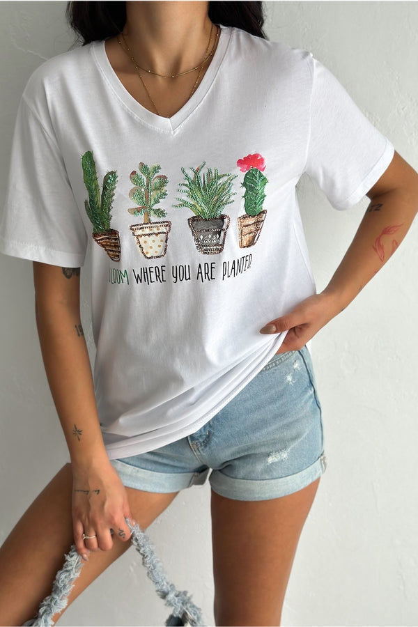 Kadın %100 Pamuk Büyük Beden Tişört V Yaka Kaktüs Pul Payet İşlemeli - Beyaz