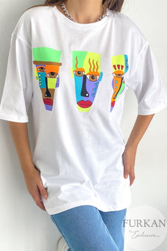 Kadın Bisiklet Yaka Neon Baskılı Oversize Tişörr - Beyaz