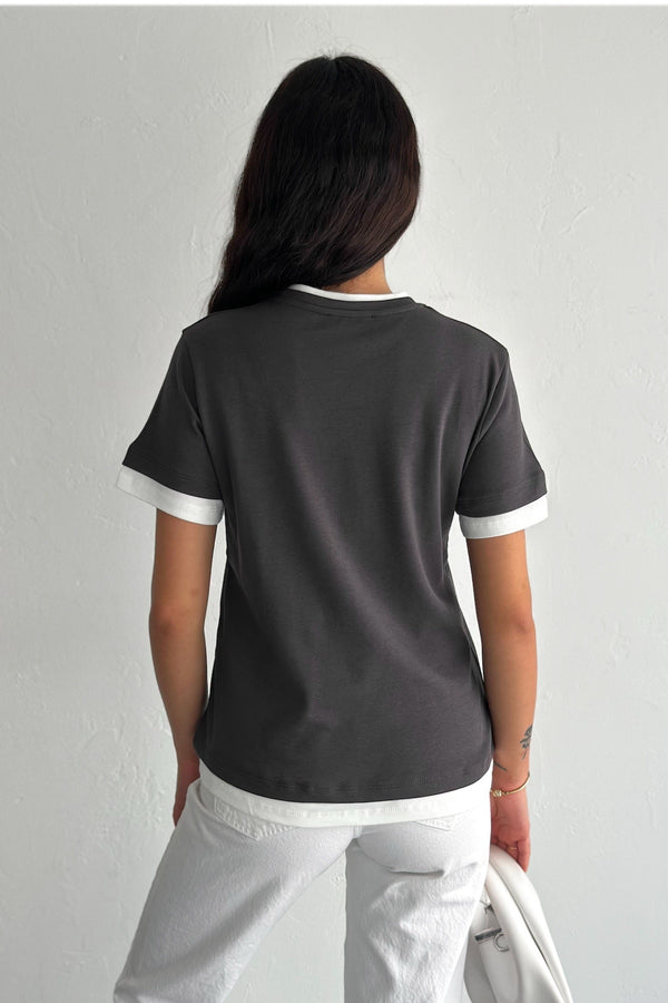 Kadın Antrasit Yuvarlak Yaka Şerit Detaylı %100 Pamuk T-shirt - Gri