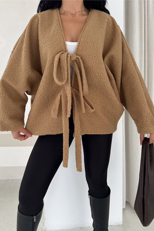 Bürümcük Bağlamalı Oversize Hırka Yarasa Kol Standart Beden - Camel