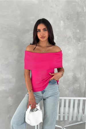 Kadın Fuşya Standart Beden Madonna Pamuklu İnce Triko Bluz - Pembe