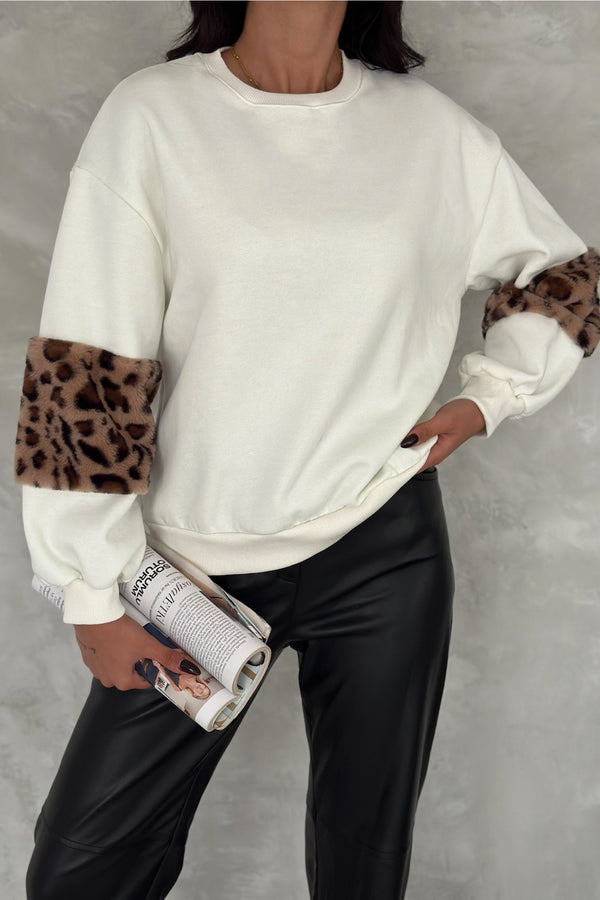 Kadın Kolları Leopar Detaylı İçi Pamuklu Oversize Sweatshirt - Beyaz