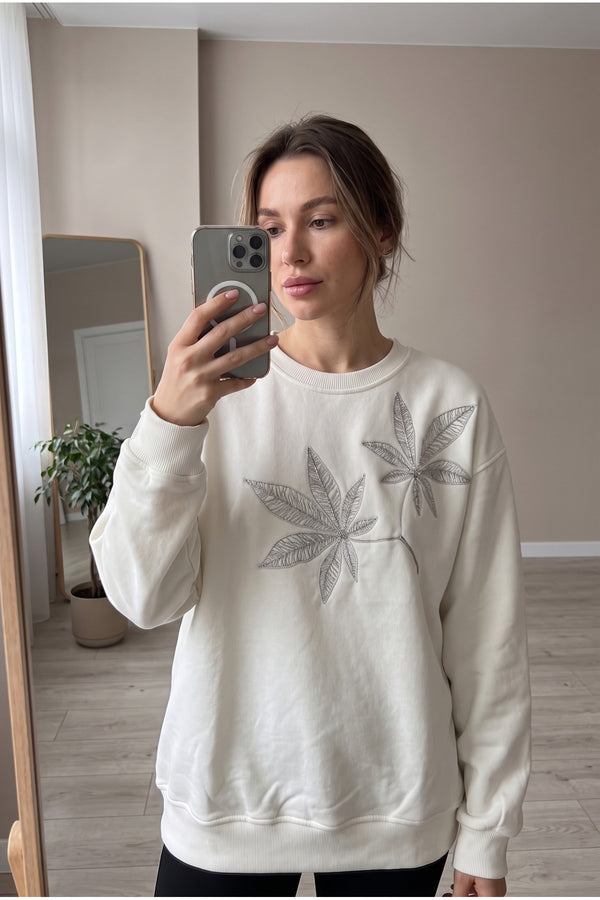 Yaprak Desen Boncuk İşlemeli %100 Pamuk Sweatshirt - Beyaz