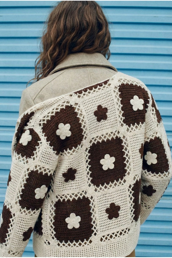 Kadın Delikli Triko Hırka Düğmeli Vintage Patchwork Desenli Baharlık Oversize Hırka - Bej