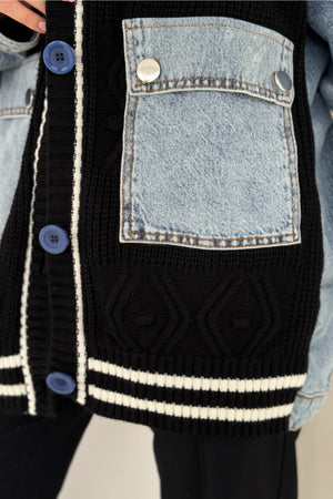 Oversize Jean Cep Ve Kol Detaylı Örme Triko Hırka - Siyah