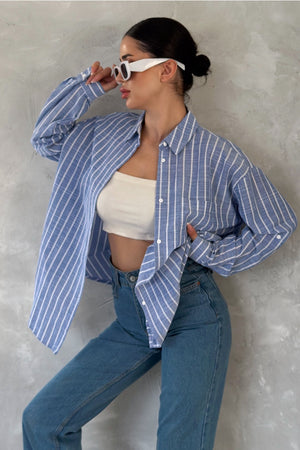 Kadın Çizgili %100 Pamuk Oversize Gömlek ( 1 Beden Küçük Alınız ) - Mavi