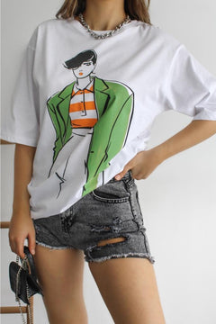 Kadın Baskılı Pamuk T-shirt - Beyaz