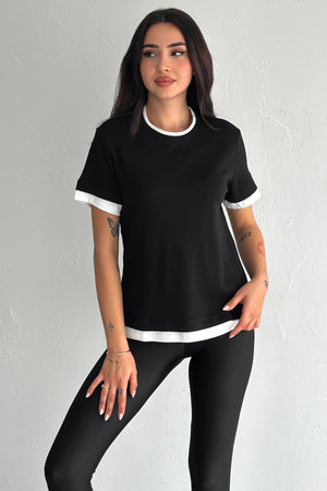 Kadın Yuvarlak Yaka Şerit Detaylı %100 Pamuk T-shirt - Siyah