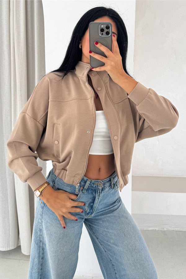 Kadın Fermuarlı Düğmeli Modal Kumaş Premium Crop Ceket - Taba